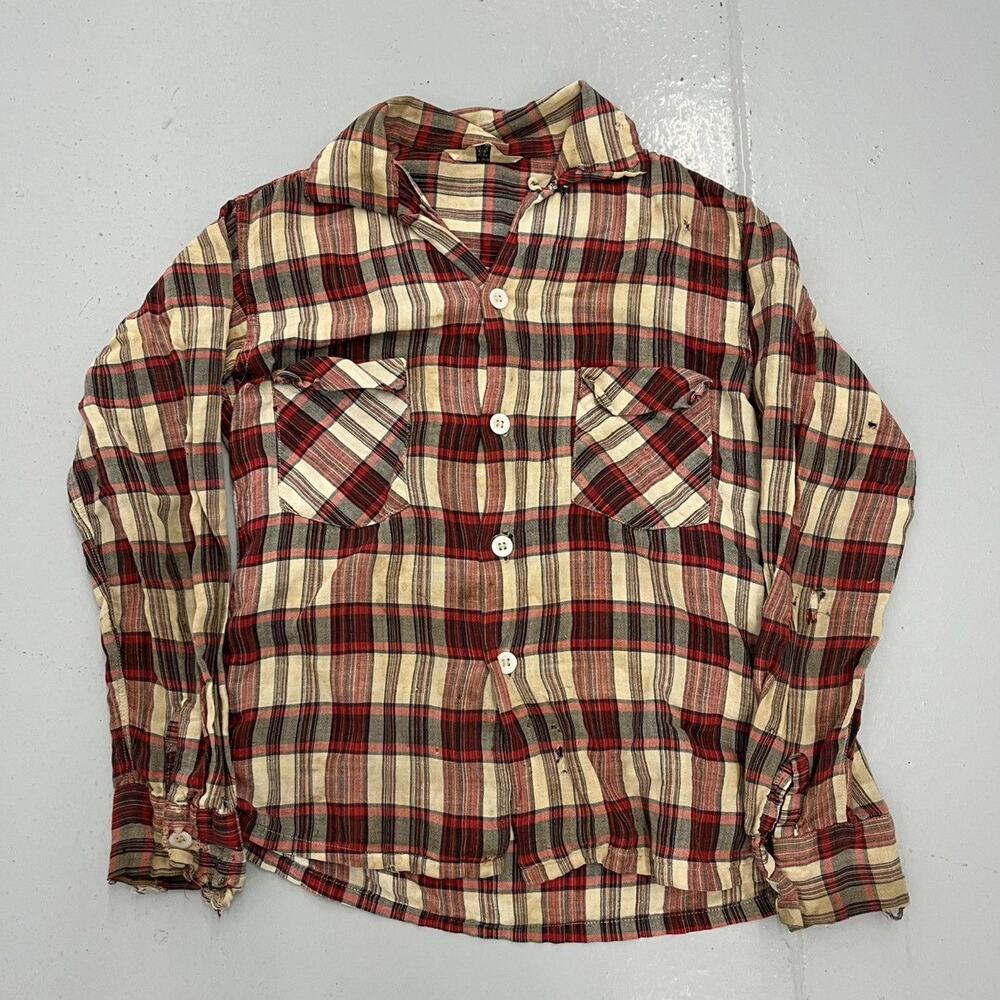 Vintage 50s Mancraft Red Plaid Rayon Sports Loop Shirt